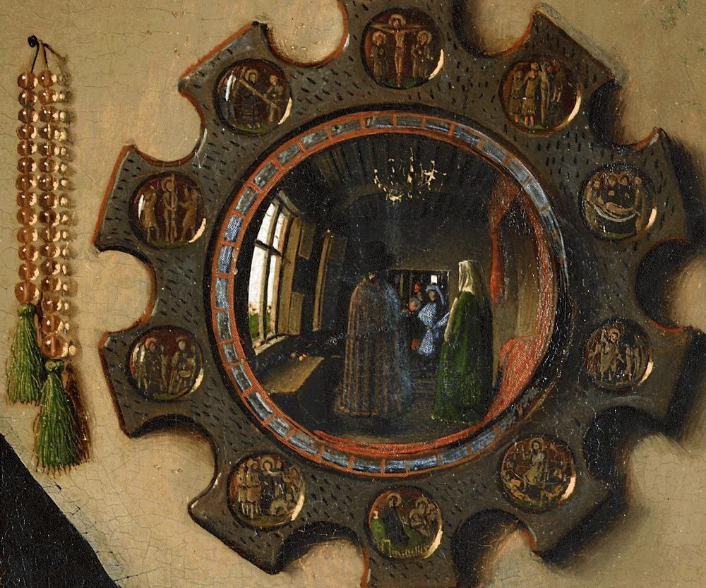 Jan van Eyck, Ritratto dei coniugi Arnolfini (1434); olio su tavola, 81,80x59,40 cm, National Gallery, Londra. Particolare dello specchio convesso.