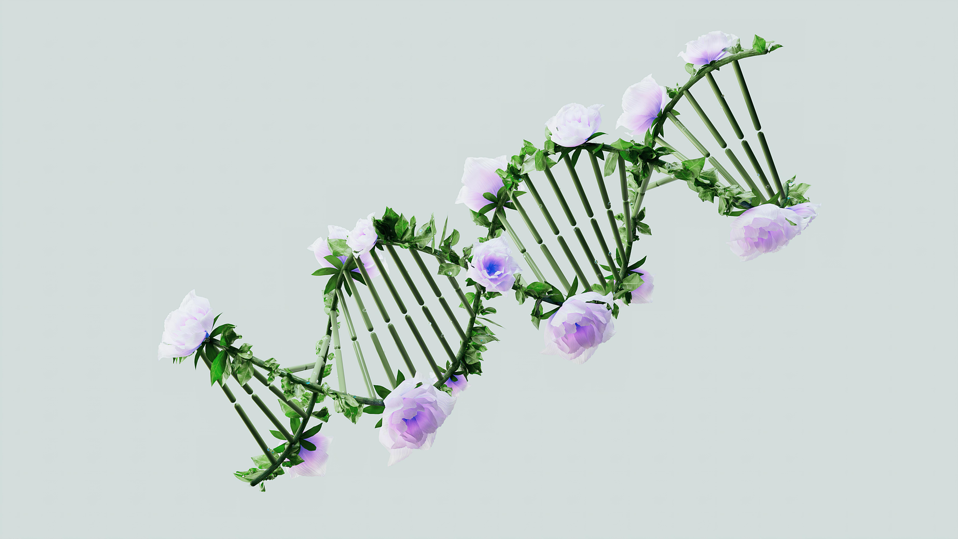 A DNA strand intertwined with green vines and purple flowers, set against a light gray background.