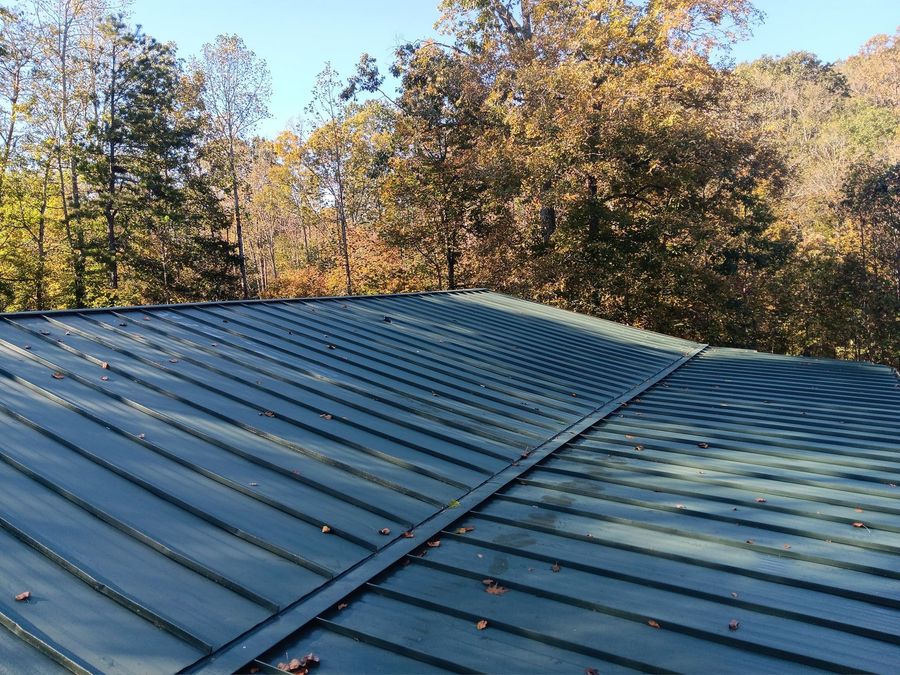 Blue metal roof with autumn trees in the background