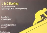 L & D Roofing business card with yellow roofer graphic, service details, phone number, email, and Marion, NC.