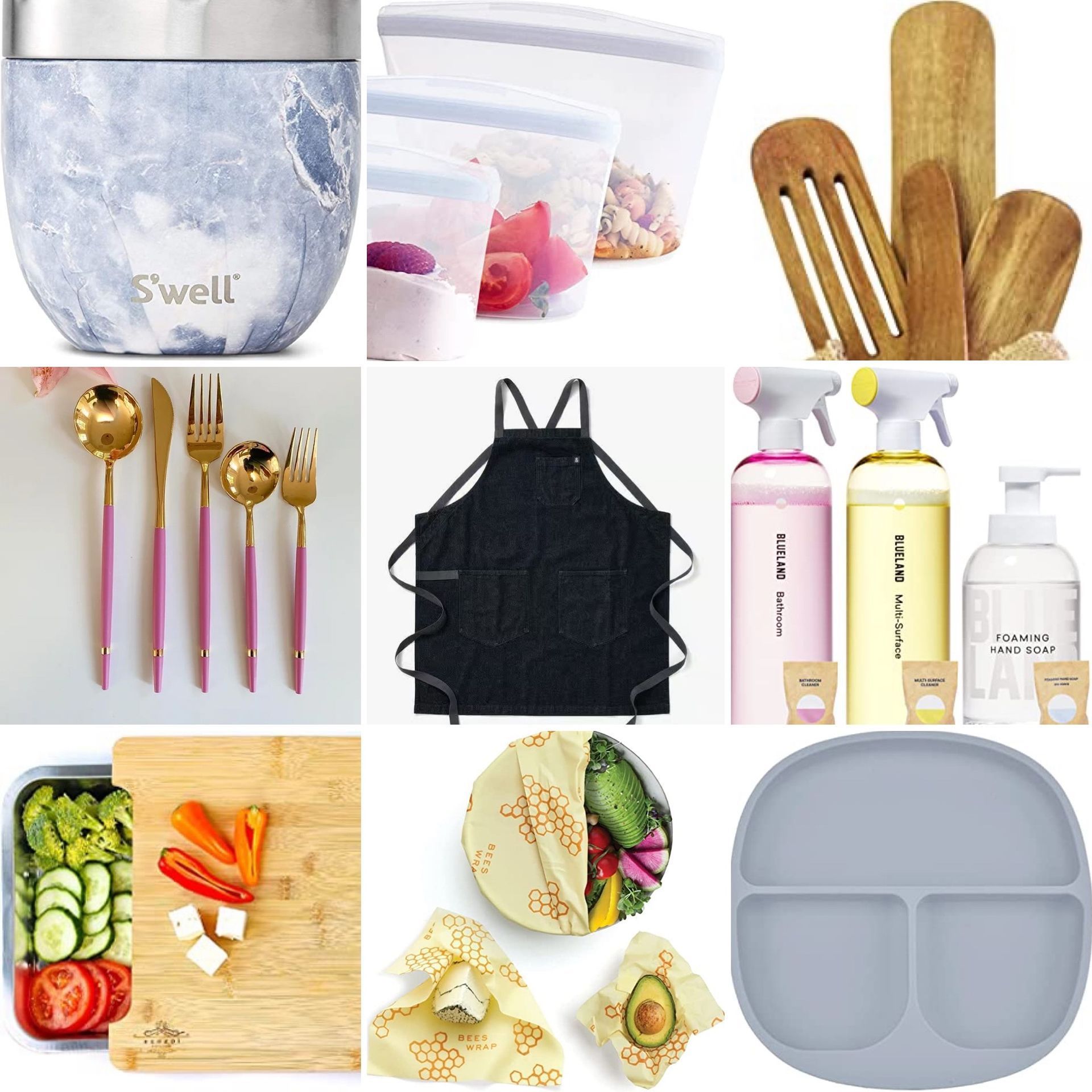 A collage of various items including a swell cup