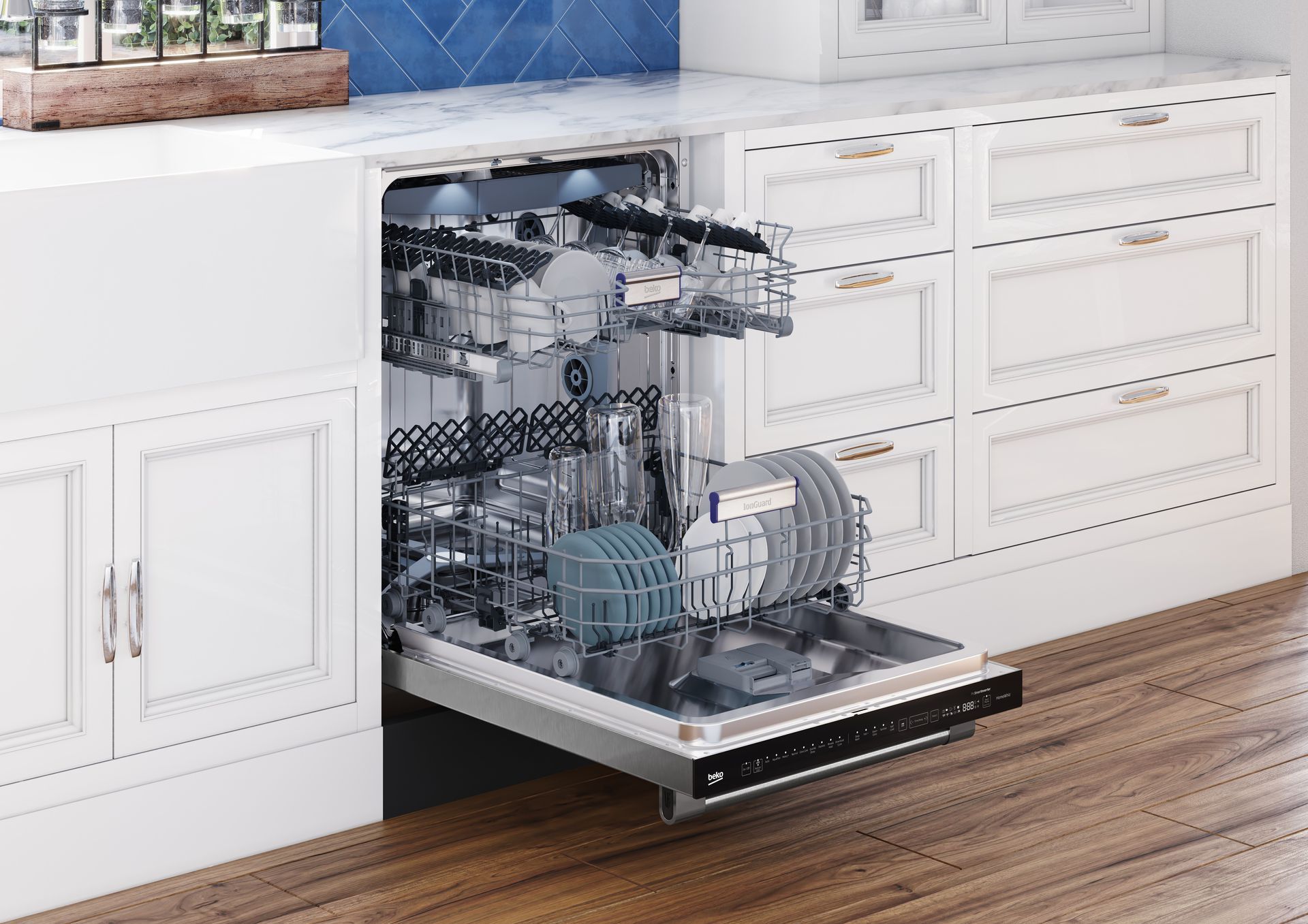 A kitchen with a dishwasher that is open and filled with dishes.