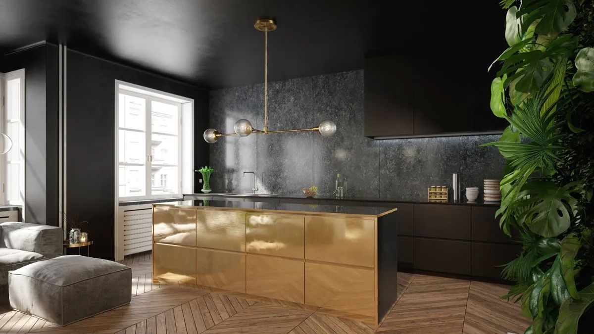A kitchen with black walls and a gold island in the middle.