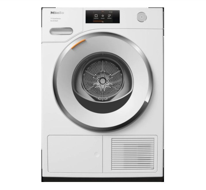 A white dryer is sitting on a white surface.