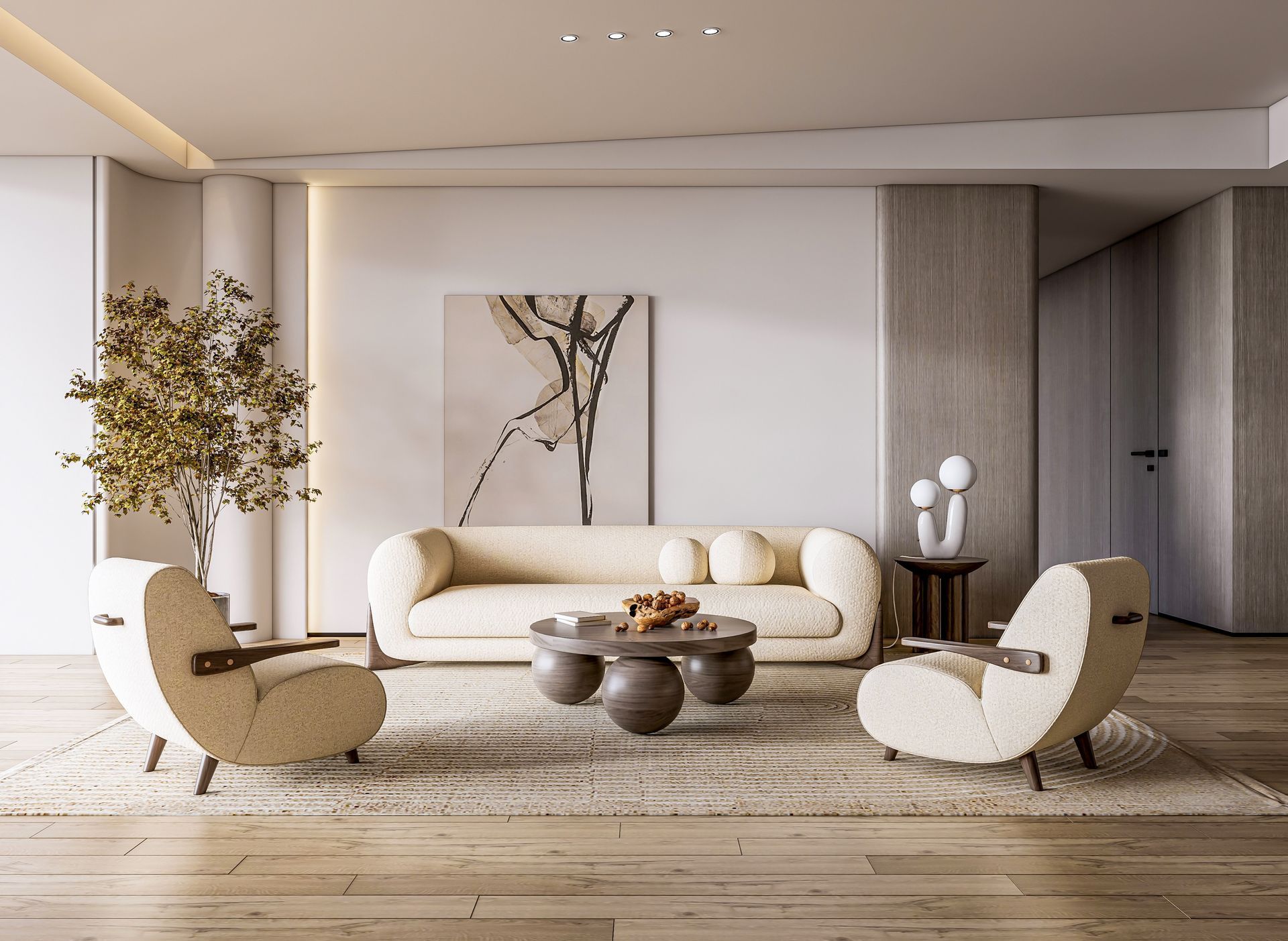 A living room with a couch , chairs , and a coffee table.