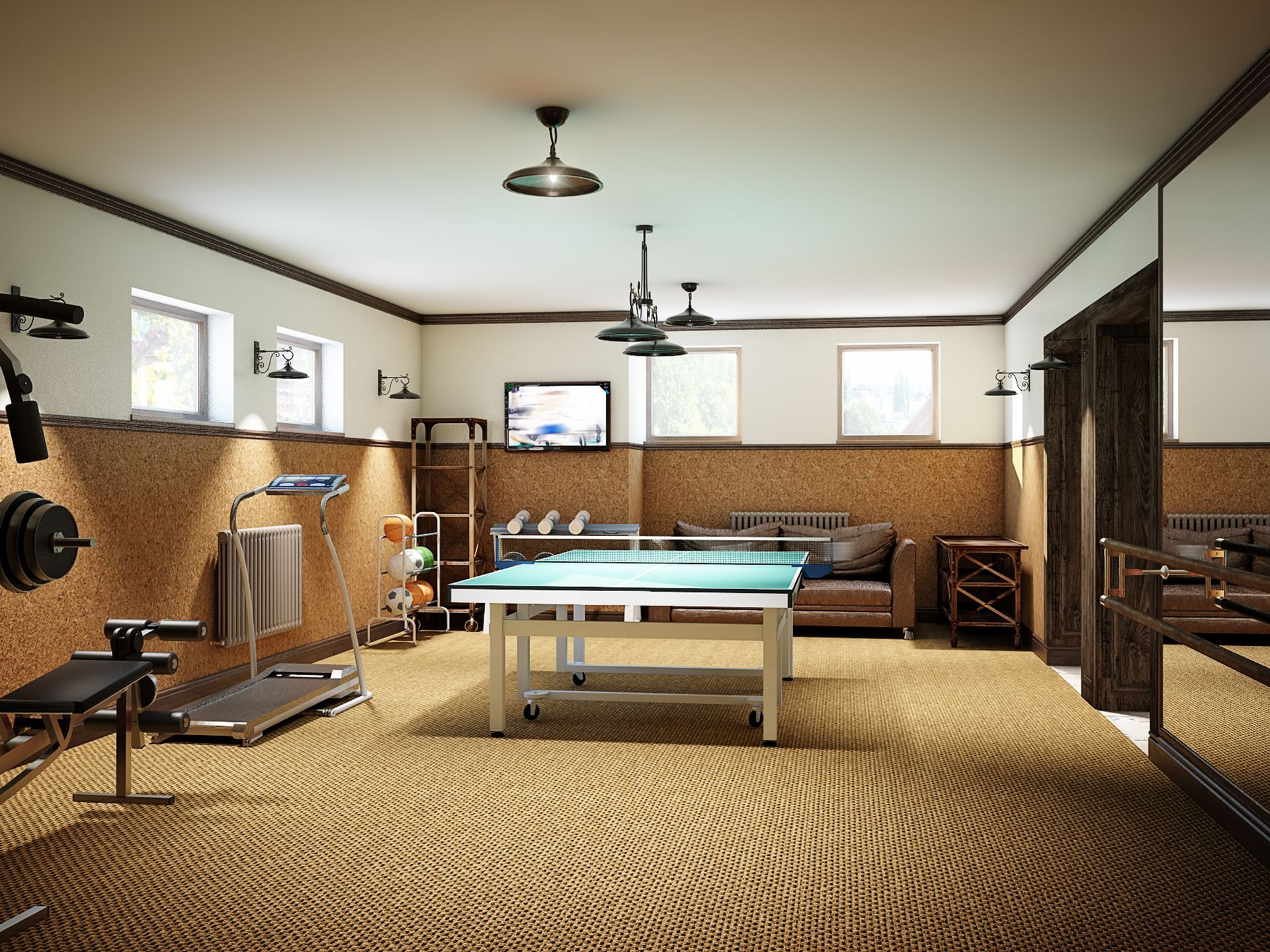 There is a pool table in the middle of the room.