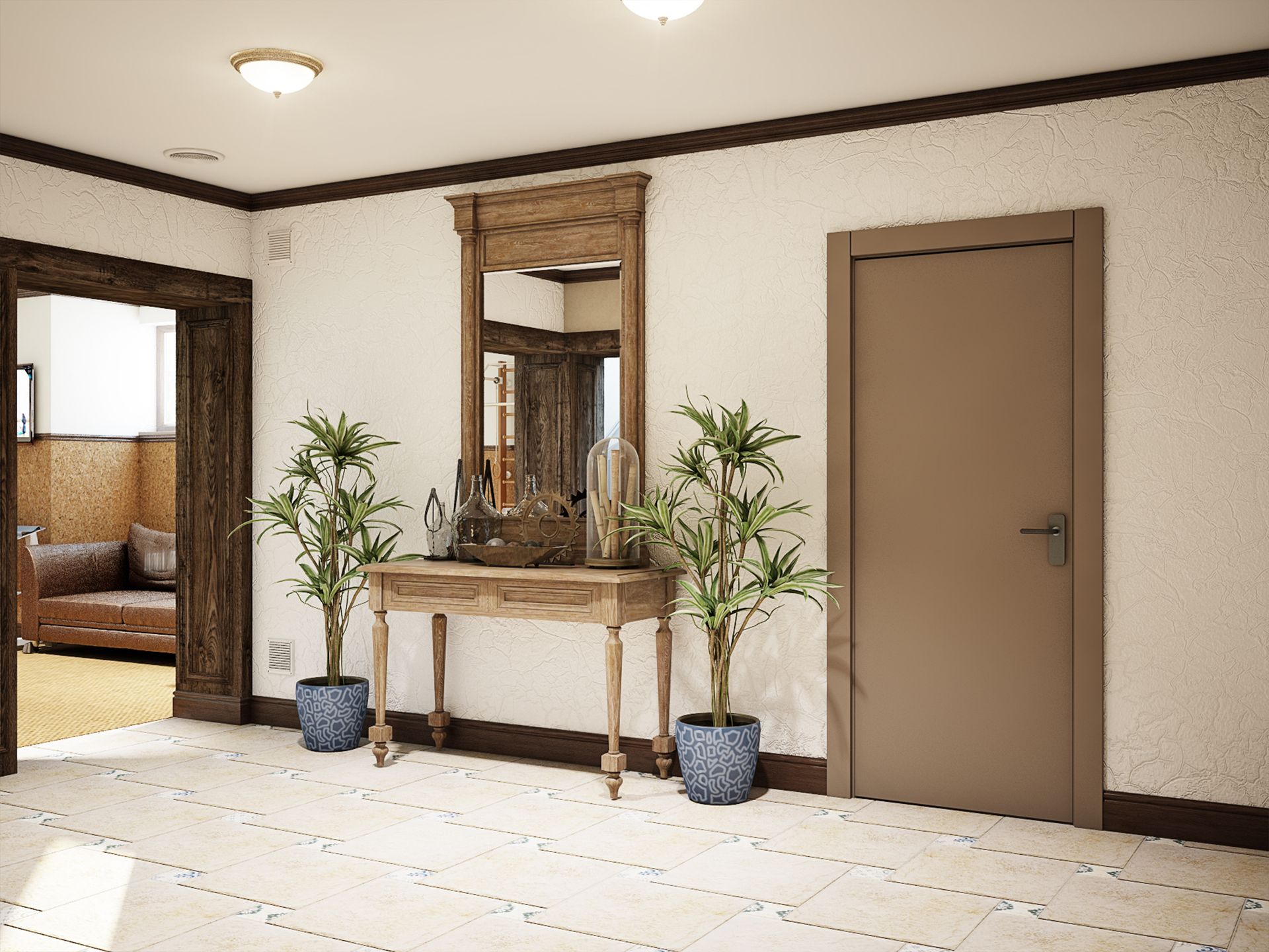 A hallway with a table , mirror and potted plants.