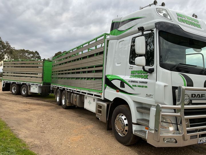 Truck loaded with large white bags, parked on dirt road. Green and white paint on the cab.