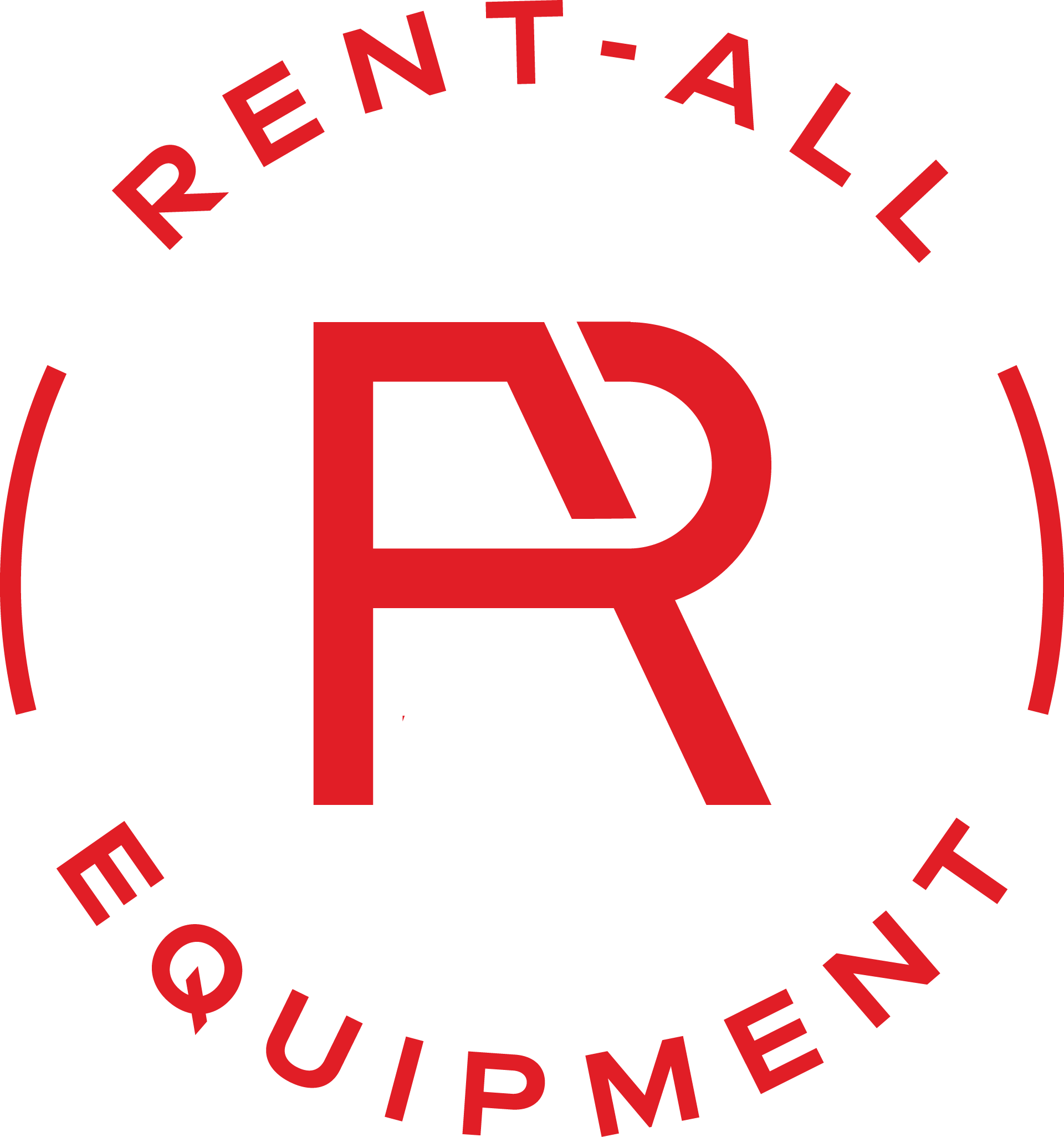 A red logo for rent-all equipment with the letter r in the center.