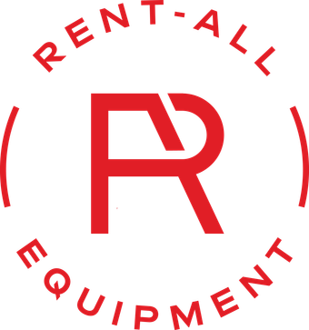 A red logo for rent-all equipment with the letter r in the center.
