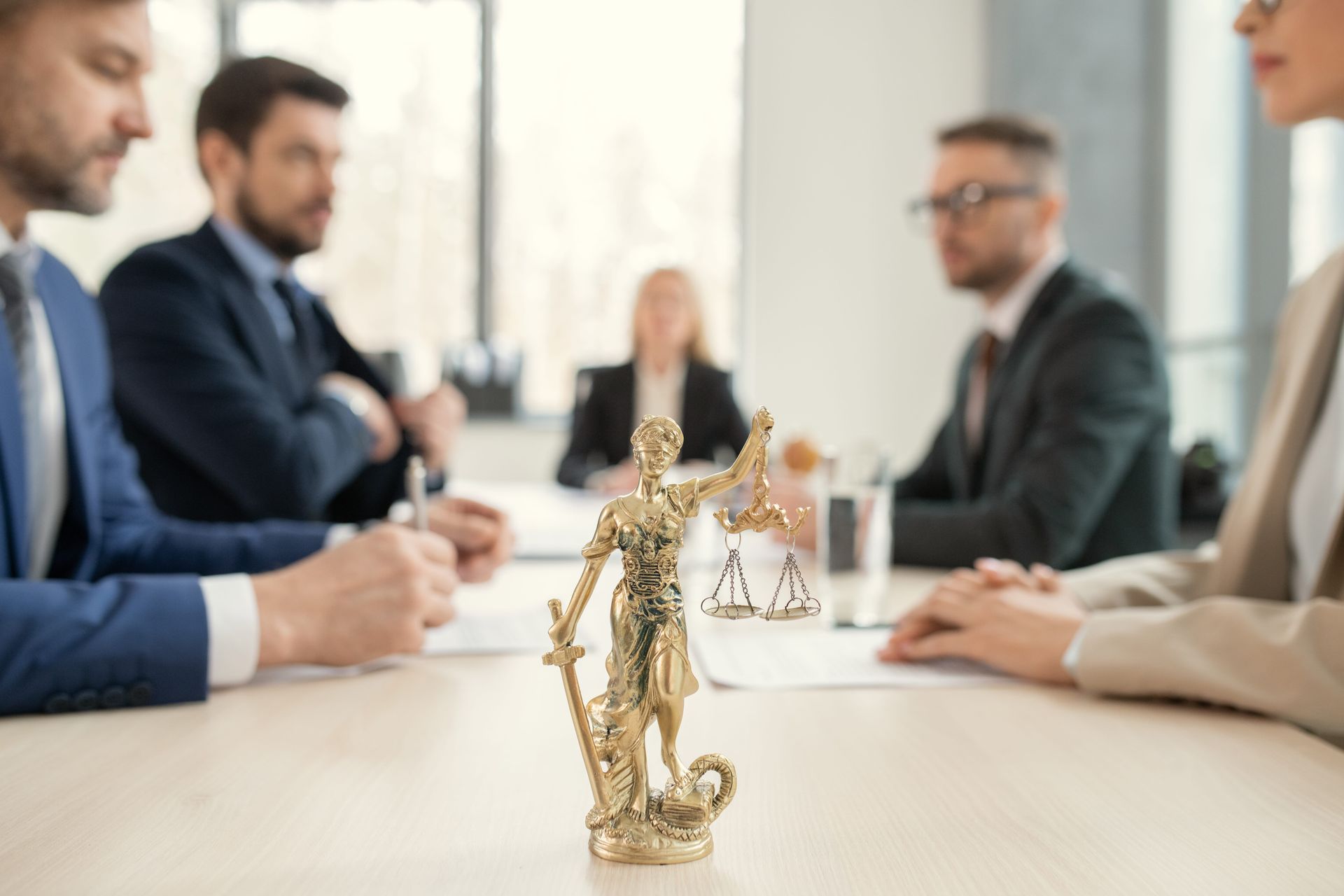 A statue of Lady Justice sits on a table in front of blurred professionals at a meeting in a bright office.