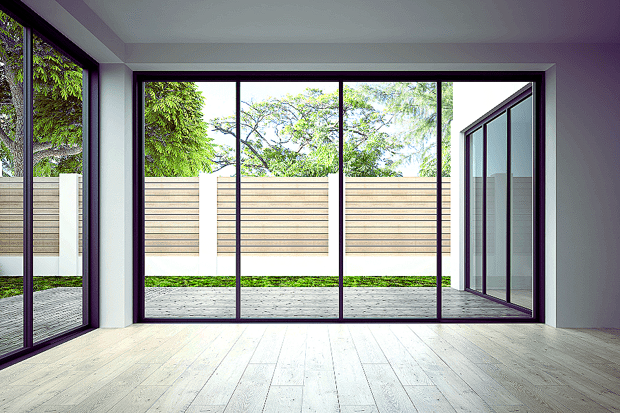 full length black windows and black glass patio door