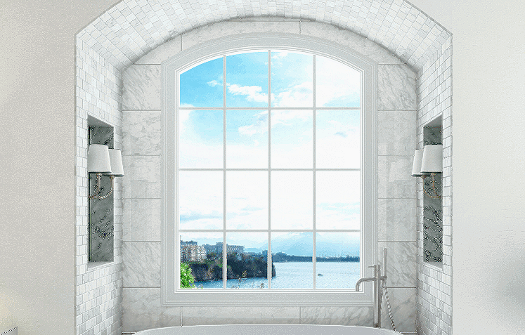 white custom window in bathroom over bathtub 