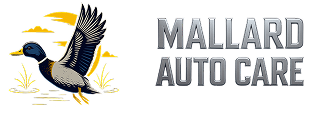 Logo for Mallard Auto Care: a duck in flight, text 