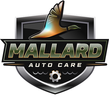 Mallard duck in flight over water and reeds, logo for Mallard Auto Care in yellow, black, and silver.