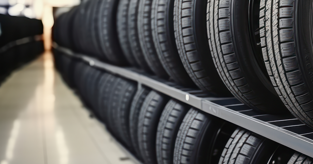 Tires lined up on metal shelves in a store, ready for sale.