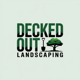 Logo for Decked Out Landscaping: Green and black text with a shovel icon and a tree silhouette.