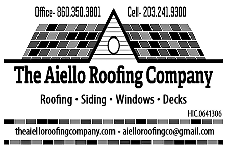 Logo for The Aiello Roofing Company, listing services, contact numbers, website, and email.