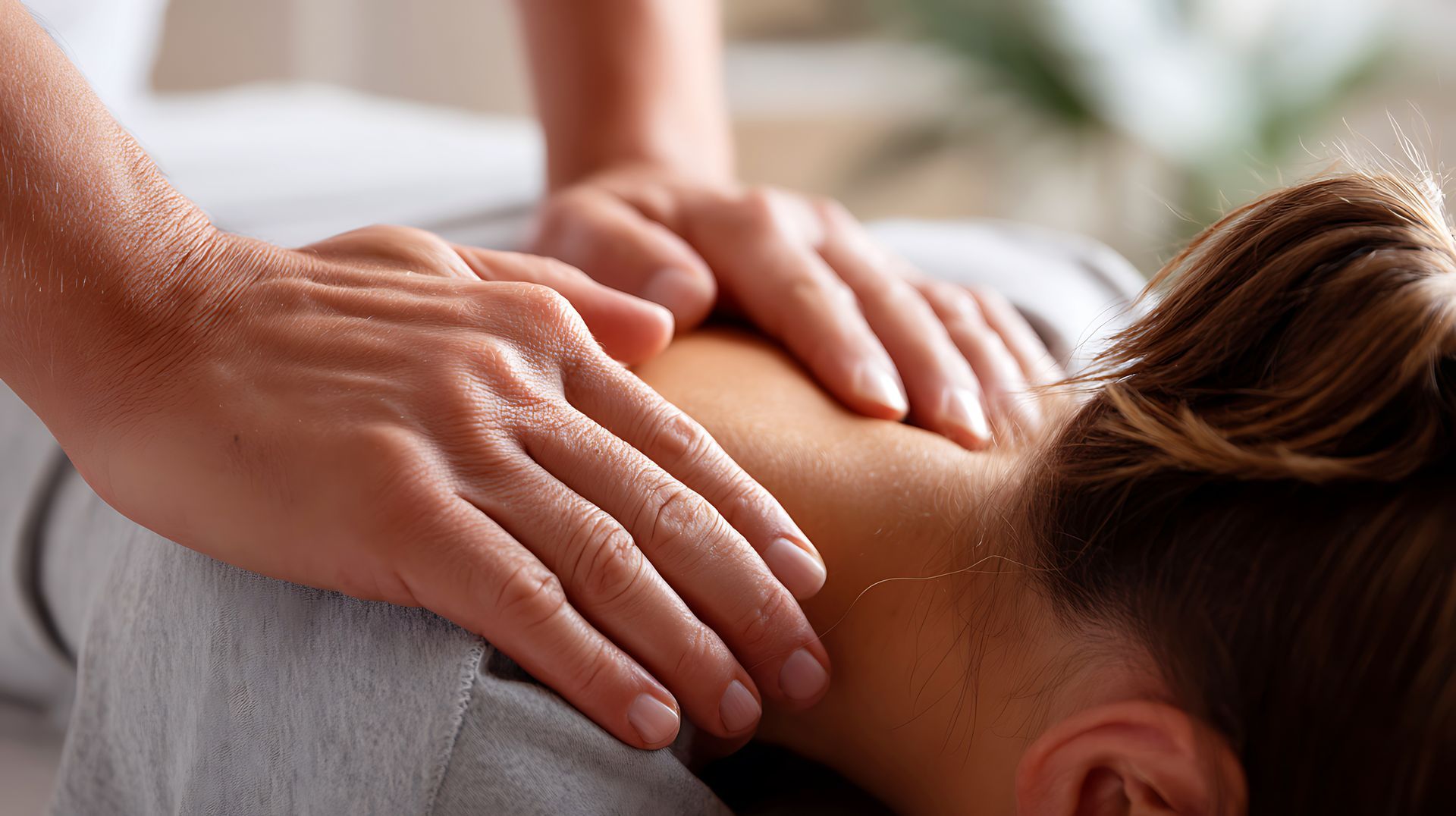 Hands massaging a person's neck and shoulders, focusing on the upper back.