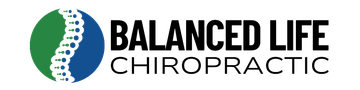 The logo for balanced life chiropractic shows a spine in a circle.