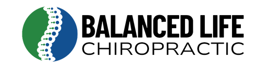 The logo for balanced life chiropractic shows a spine in a circle.