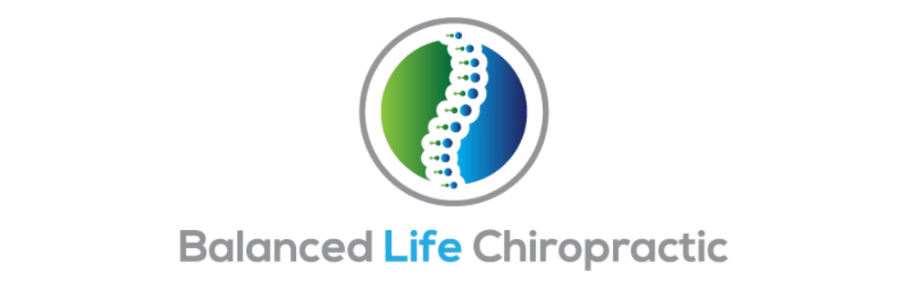 The logo for balanced life chiropractic shows a spine in a circle.