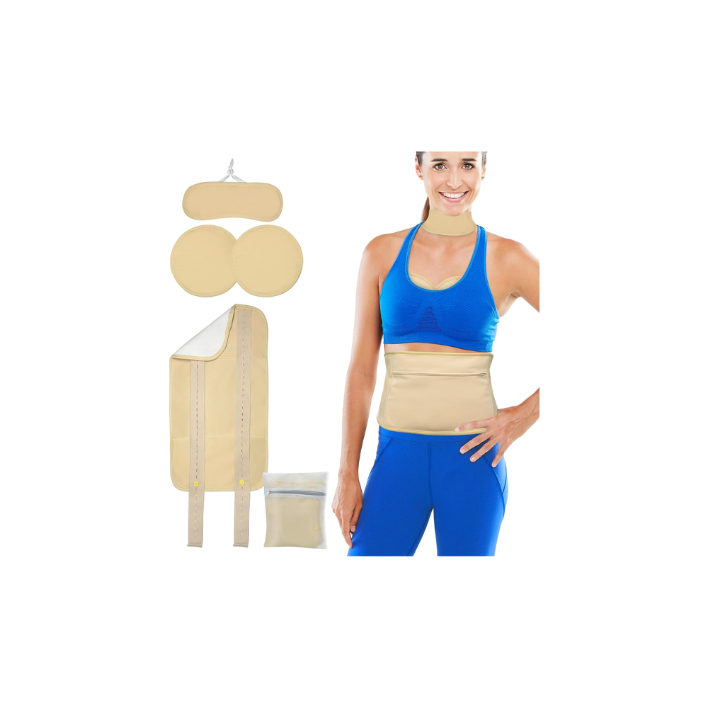A woman in a blue tank top and blue pants is wearing a waist trainer.