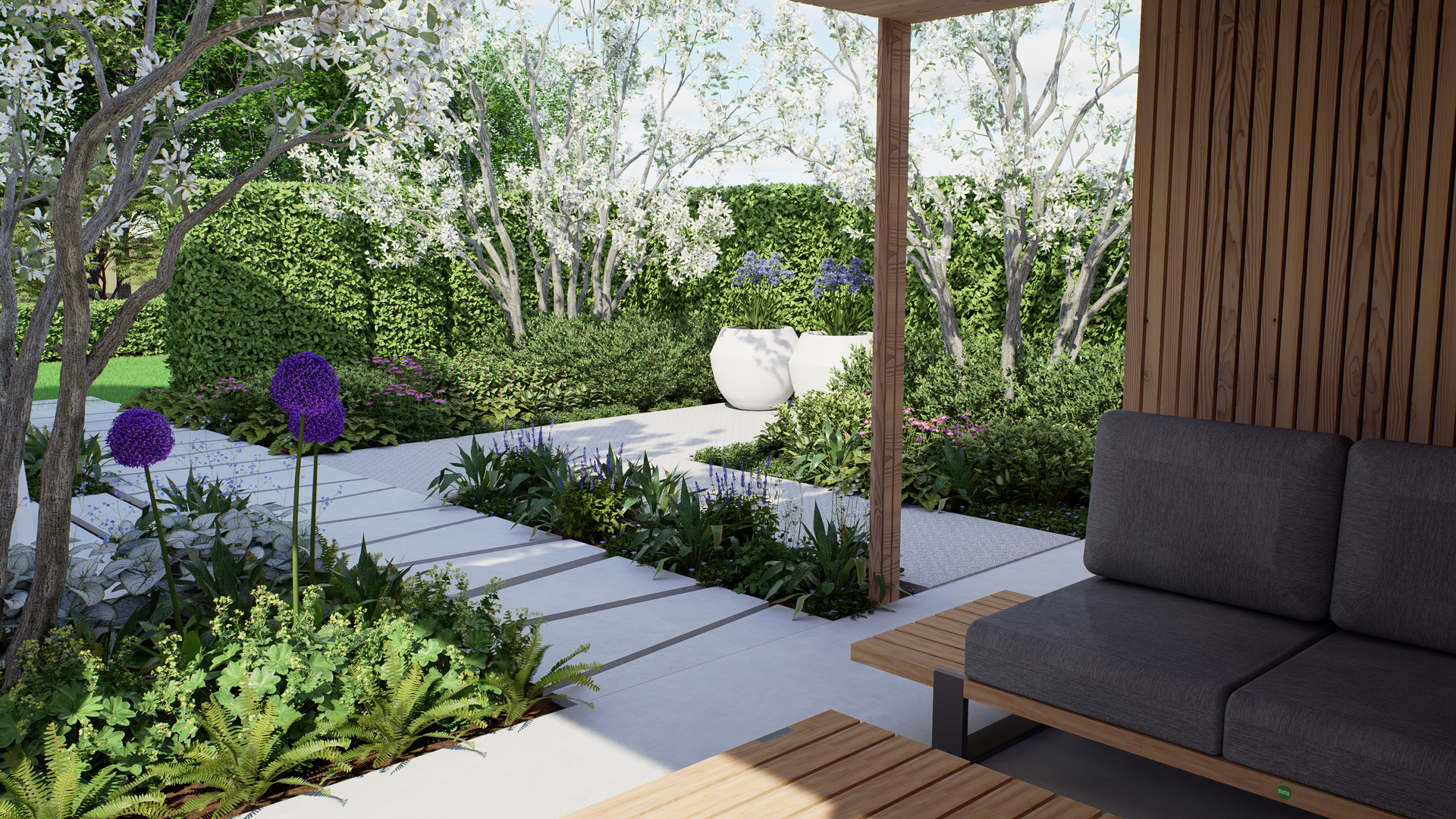 A modern garden with stone path, seating area, and lush green plants.