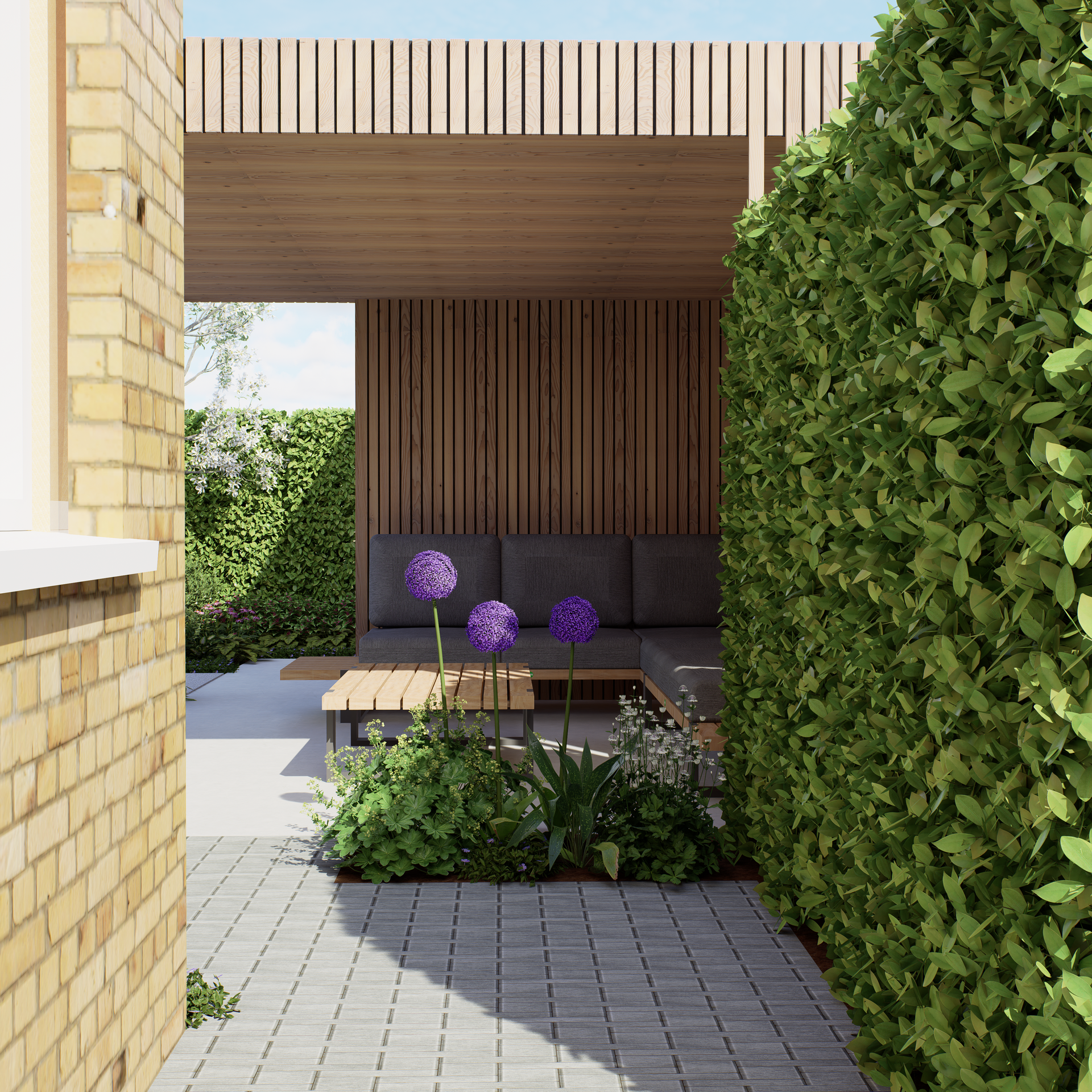 A modern garden with a wooden structure, gray patio, and lush green hedges. Purple flowers in foreground.