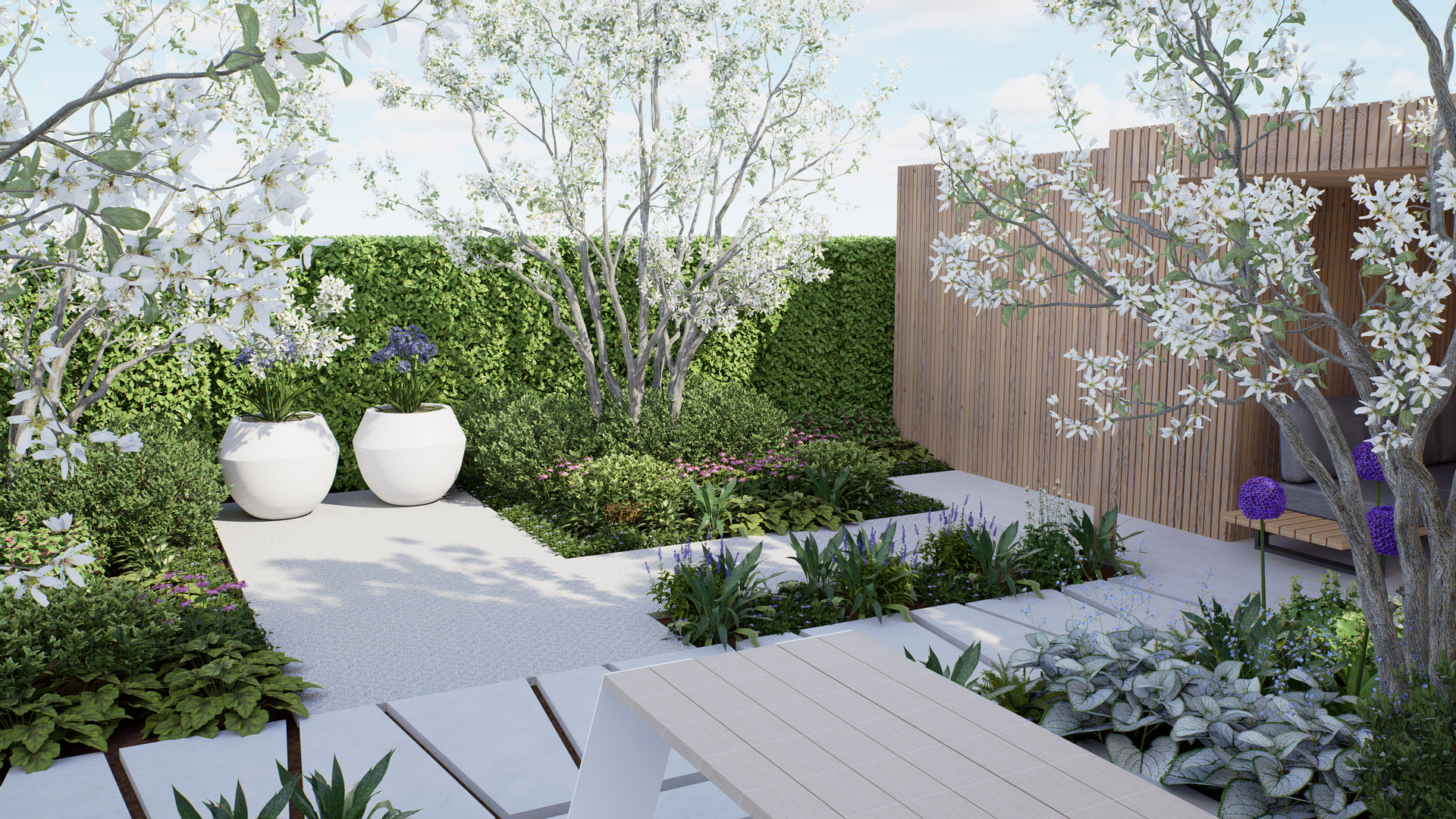 A peaceful garden scene with white flowers, a white stone path, and a wooden shelter.