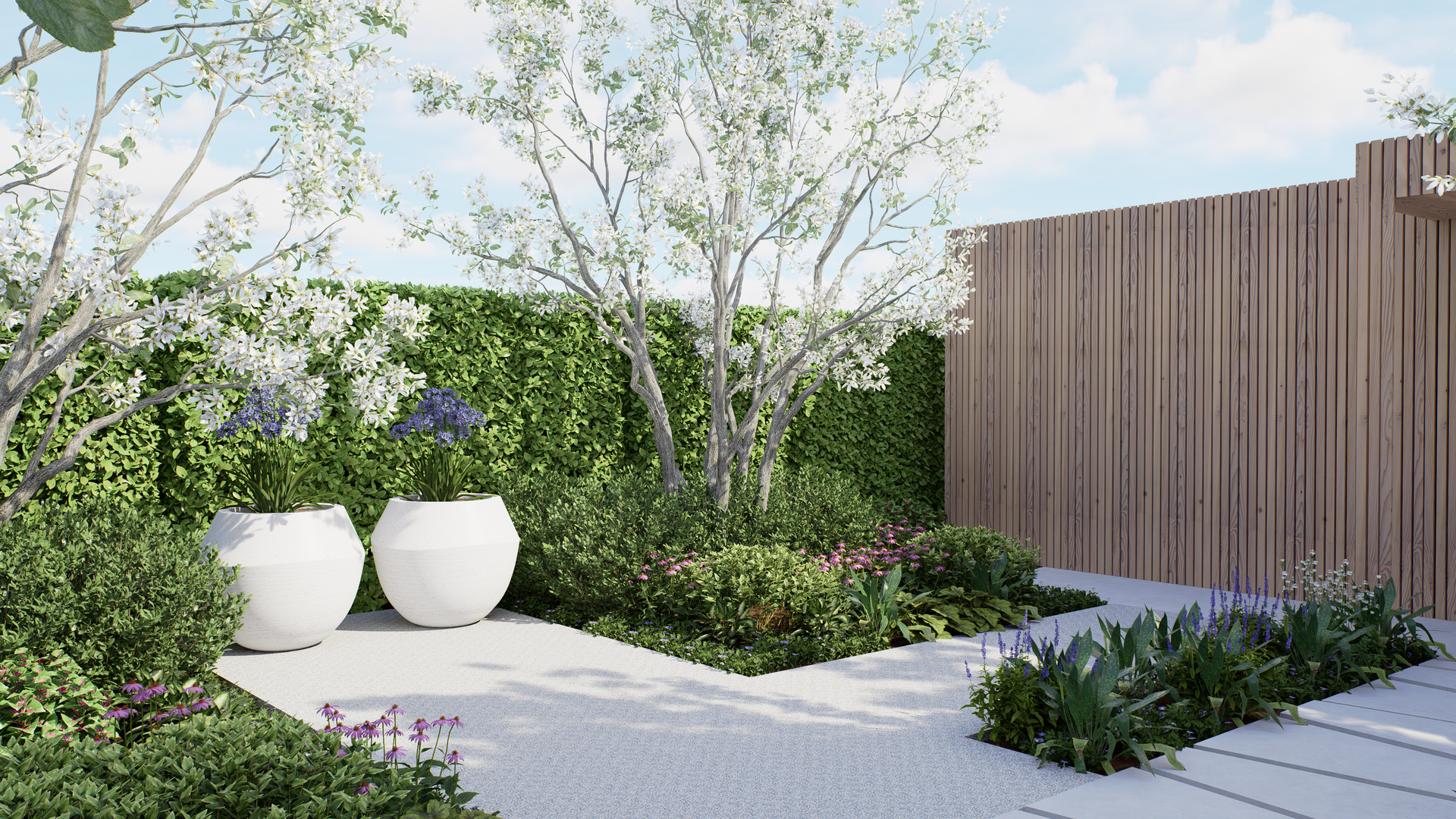Serene garden with white gravel paths, trees, hedges, two large white pots, and wood fence.
