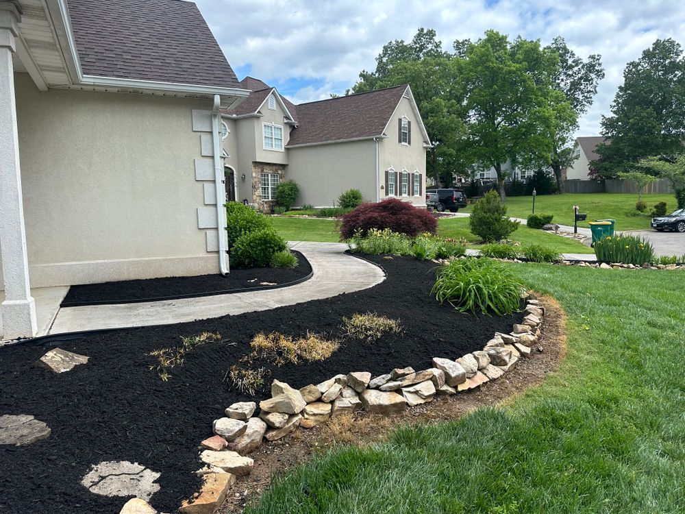 A beige house with a curving walkway through a landscaped yard with black mulch and rocks.