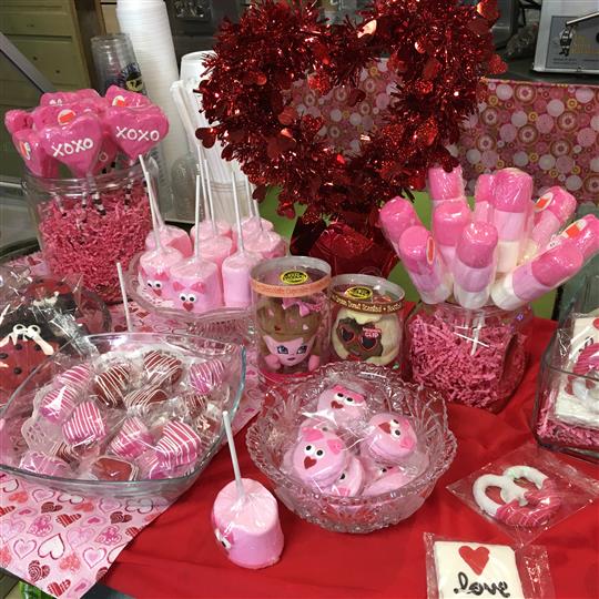 Valentines day themed treats and decorations