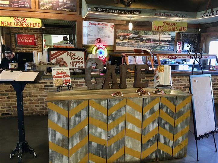 Wooden Cafe decoration with restaurant counters in the background