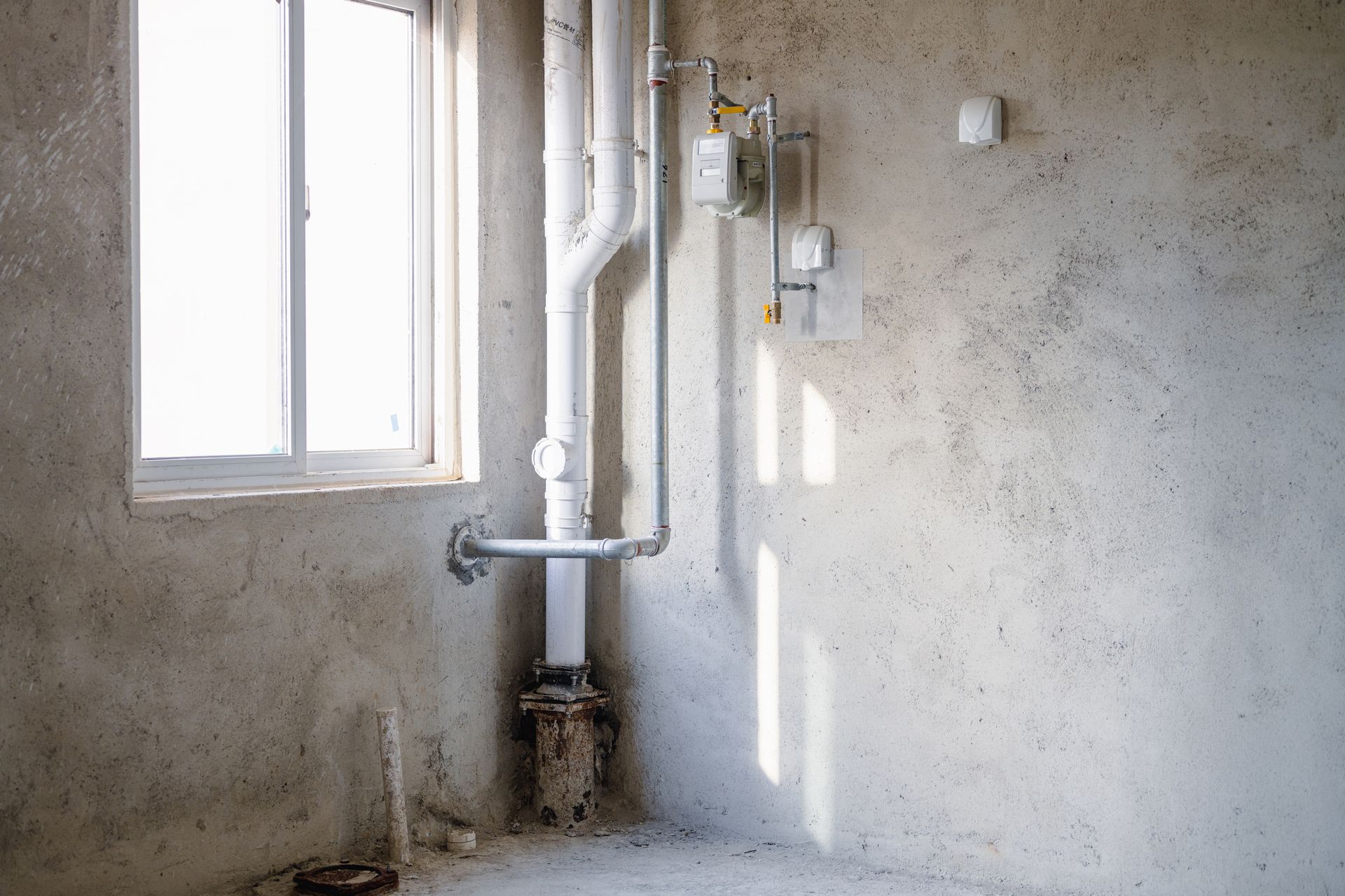 Interior of a room with unfinished concrete walls. White pipes and a window are present.