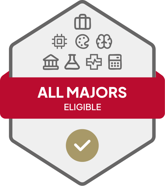 Badge with blue banner: 