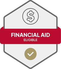 Badge: Financial Aid Eligible, blue banner, building icon, dollar sign.