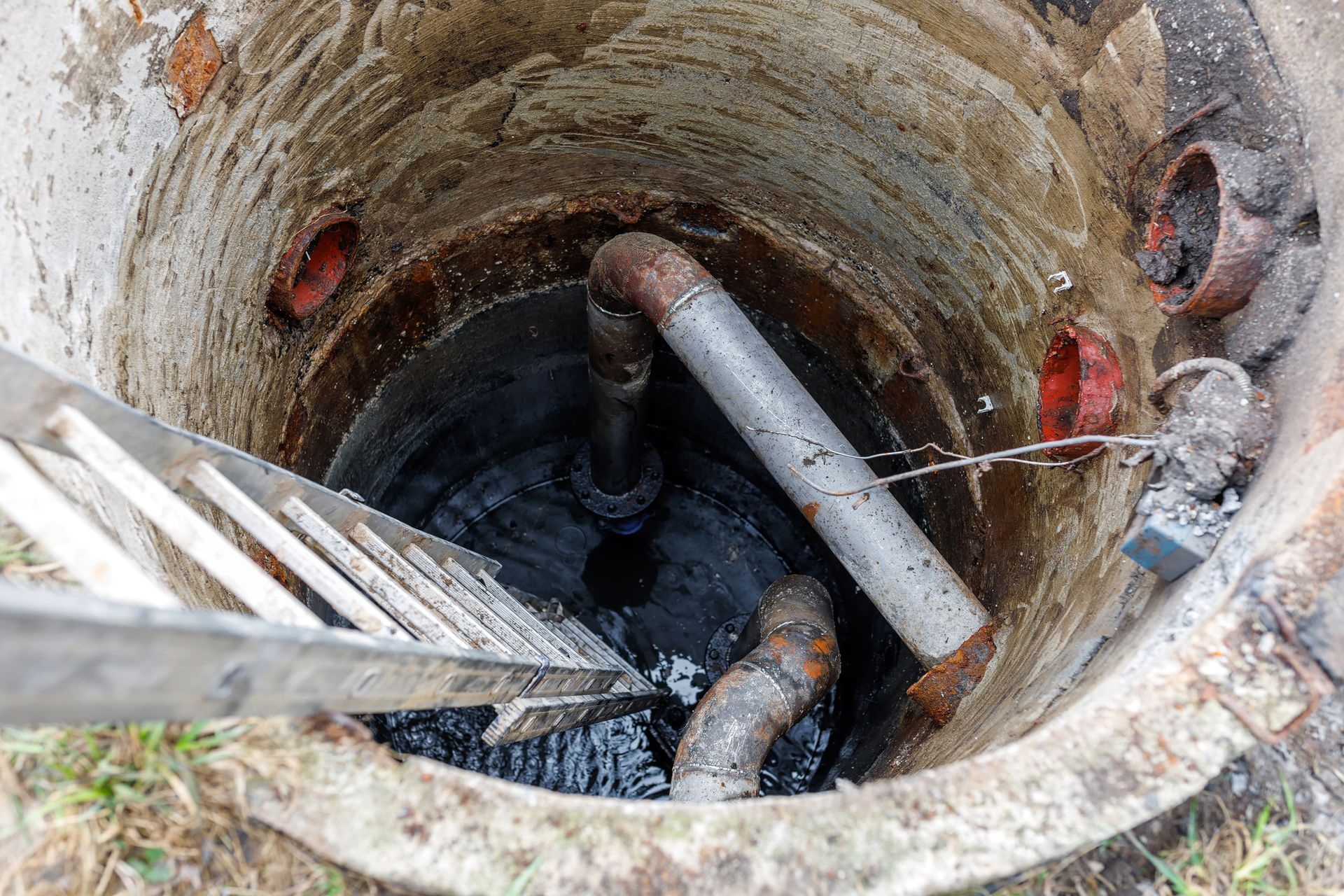 Looking down into a dark, open sewer manhole with ladder, pipes, and standing water. The manhole is concrete, surrounded by grass.