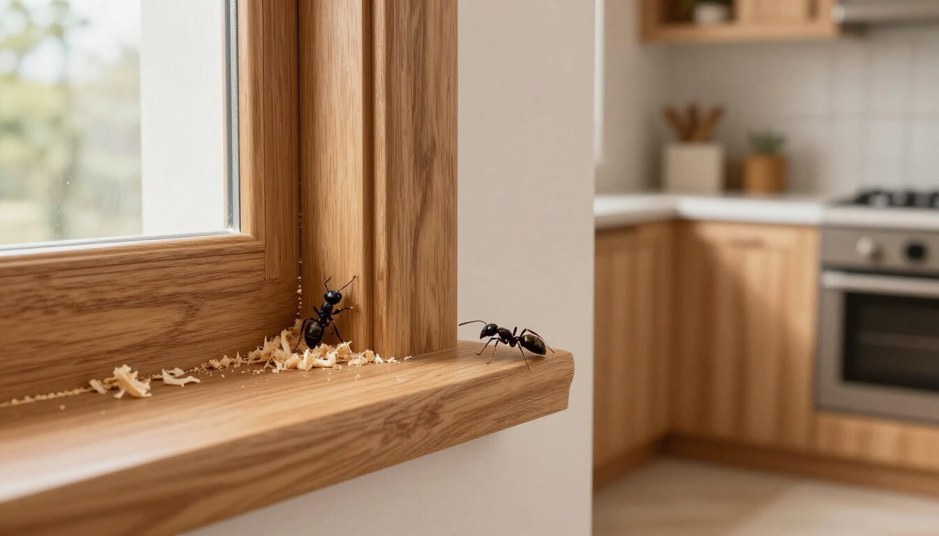 Close-up of a wooden window frame with termites and wood shavings, kitchen in the background