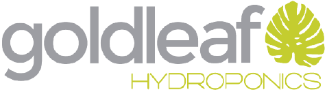 The logo for goldleaf hydroponics has a green leaf on it.