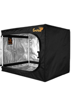 A black tent with a foil lining and a door on a white background.