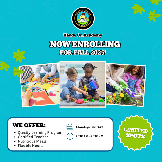 An advertisement for a child care center that is now enrolling for fall 2025.