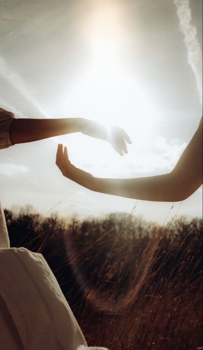 Braccia che si tendono l'una verso l'altra in un campo soleggiato, con una luce intensa sopra la testa.