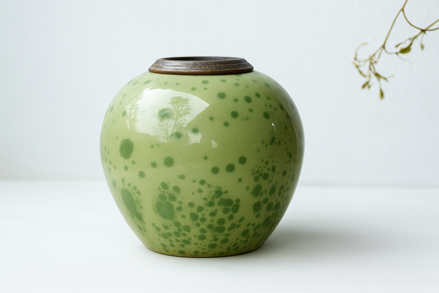 Urna cineraria verde maculato con coperchio in bronzo, su sfondo bianco.