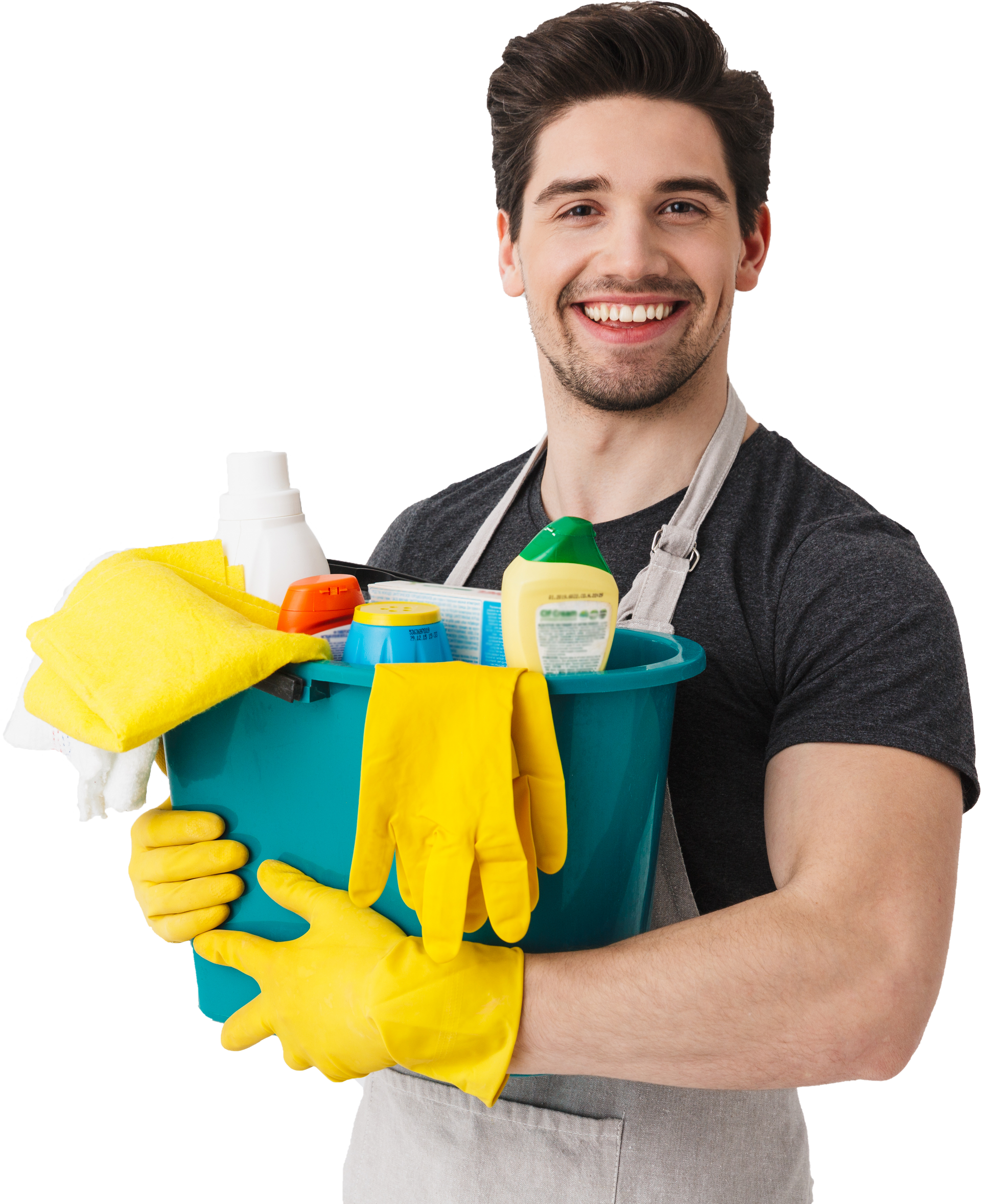 Professional Janitorial Worker Holding a Bucket Full of Cleaning Materials