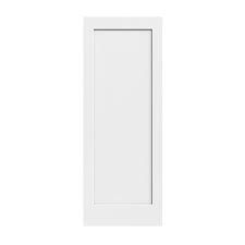 A white door with a clear glass panel on a white background.