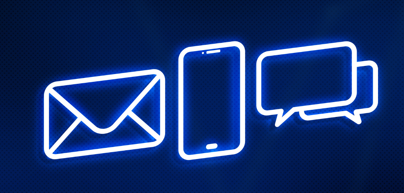A neon sign of an envelope , a cell phone , and a speech bubble.
