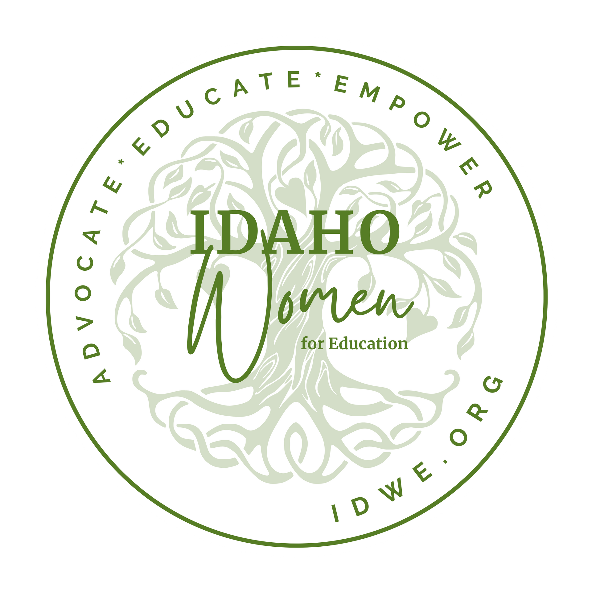 A logo for idaho women for education with a tree in the center
