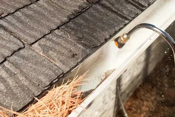 A close-up view of a metal wand spraying water to clean a white rain gutter filled with pine needles.