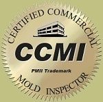 A certified commercial mold inspector seal with a building on it.